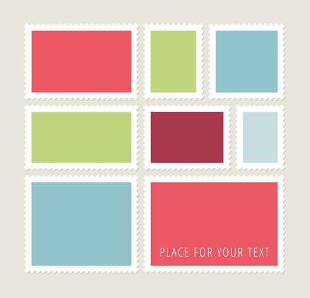 Eight blank colorful  postage stamps, vector templates with place for your images and textのイラスト素材