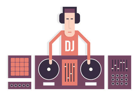 DJ and his equipment, dance music, flat design, isolated vector cartoon illustrationのイラスト素材