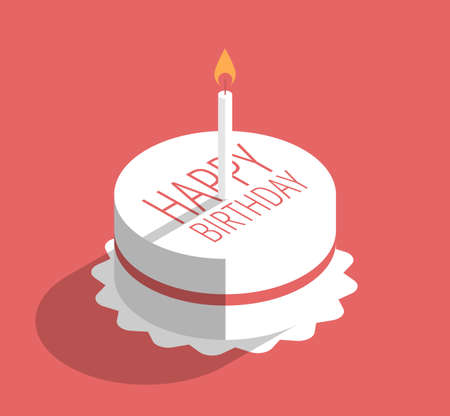 Birthday cake with candle, vector illustration on red, flat designのイラスト素材