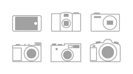 Set of black and white vector icons with photographic equipment, flat designのイラスト素材