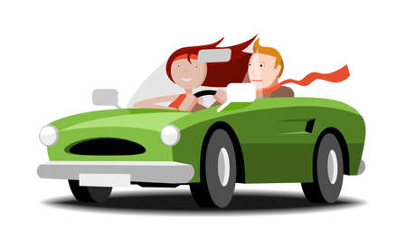 Man and woman going cabriolet, vector cartoon illustrationのイラスト素材