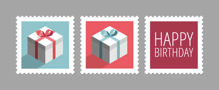 Three postage stamps with gifts, set of vector icons, flat designのイラスト素材