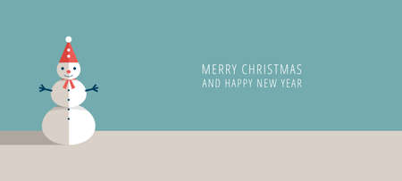 Landscape with snowman, Christmas greeting card, vector illustration, flat designのイラスト素材