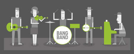 Five musicians, country and folk band, flat style vector illustration, BW and greenのイラスト素材
