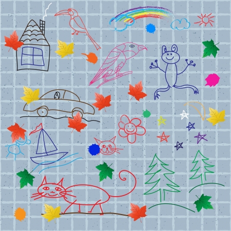 Children's drawings on the wall. Vector seamless backgroundのイラスト素材