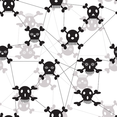 Grid network with funny skulls and crossbones. Vector seamless background.のイラスト素材