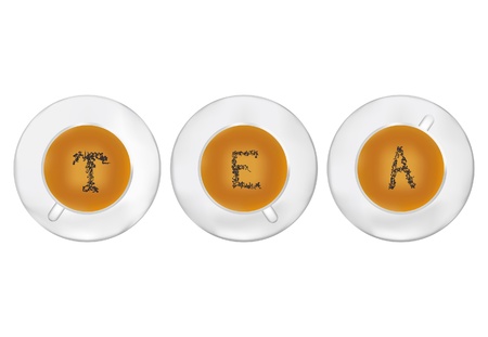 Three cups of tea with tea-leaf stilyzed as T E A letters  Illustration のイラスト素材