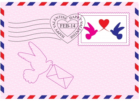 Envelope for Valentine Day with stamp, heart and bird symbolsのイラスト素材