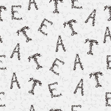 Seamless background with dry black tea leaf stylized as T E A letters.のイラスト素材