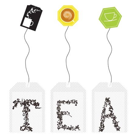 Set of teabag with tea leaf stylized as T E A letters.のイラスト素材
