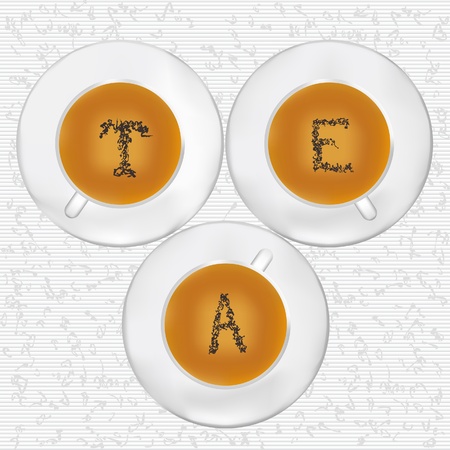 Three cups of tea with tea-leaf stylized as T E A letters のイラスト素材