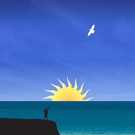 Seascape background with white bird, blue sky and man.のイラスト素材