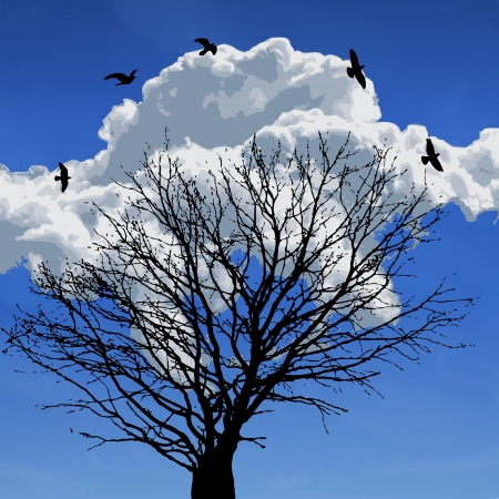 Landscape with black tree, blue sky and cloudのイラスト素材