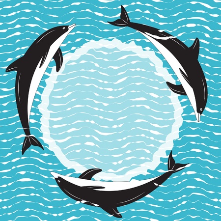 Frame card with dolphin and blue and white wave sea background.のイラスト素材