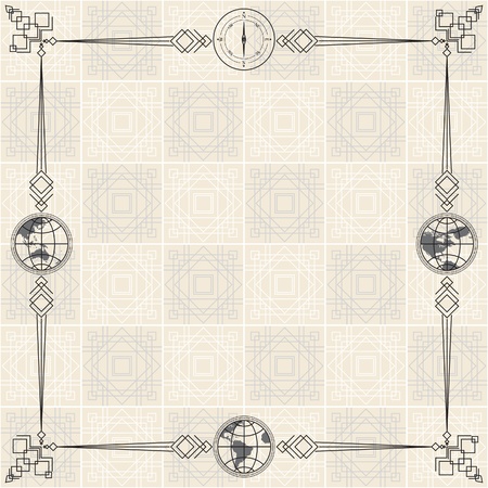 Retro vintage antique frame, border with globe, compass and calligraphic design element.のイラスト素材