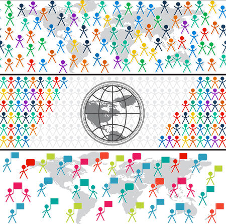 Set of horizontal seamless banner with man, people, crowd, globe symbolのイラスト素材