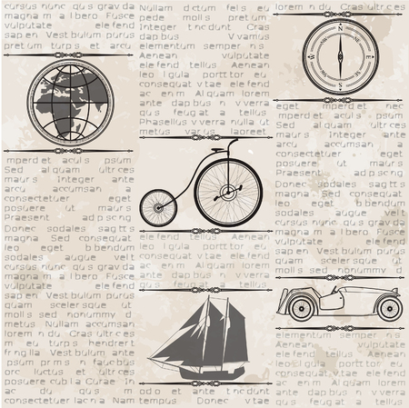 Abstract old grunge vintage newspaper with old car, globe, compass, ship, bike, seamless vintage background.のイラスト素材