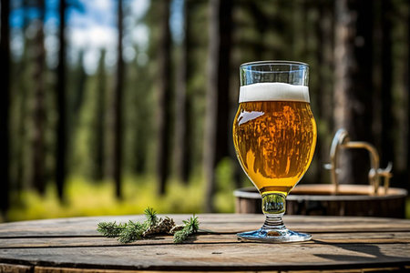a glass beer glass on a wooden table in the blurred forest background Generative AI.の素材