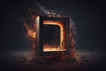 cube burning fire frame in the dark Generative AI.の素材