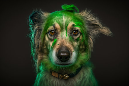 dog covered in green paint. Generative AI.の素材