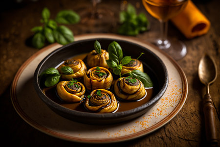 Baked snail of French dish. Generative AI.の素材