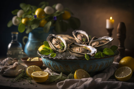 Fresh oysters with lemon. Generative AI.の素材