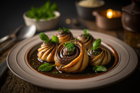 Baked snail of French dish. Generative AI.の素材