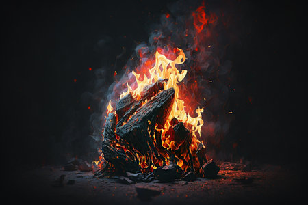 orange flaming embers of a fire on dark background Generative AI.の素材