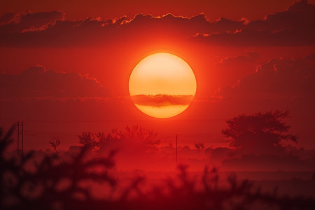 hot red sun on the horizon. Generative AI.の素材