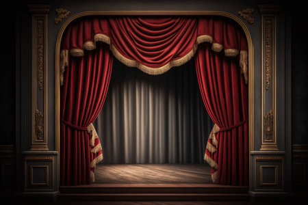 empty theater stage with red curtains. Generative AI.の素材