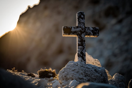God, sun light of faith, cross in rock Generative AI.の素材