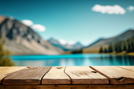 empty display wooden table and forest lake background with copy space. Generative AI.の素材