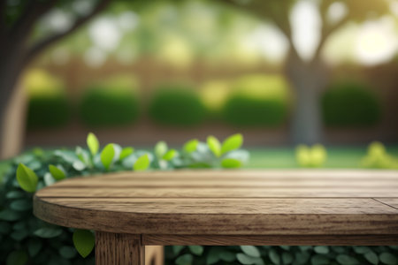 wooden table empty display on green blurred garden background. copy space. Generative AI.の素材