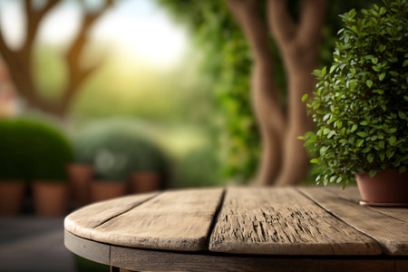 wooden table with empty display on green blurred garden background, copy space. Generative AI.の素材