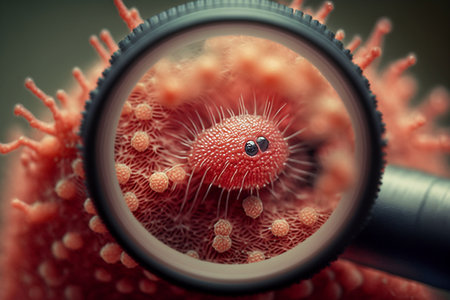 reddened rash on the skin through a microscope magnifying glass Generative AI.の素材