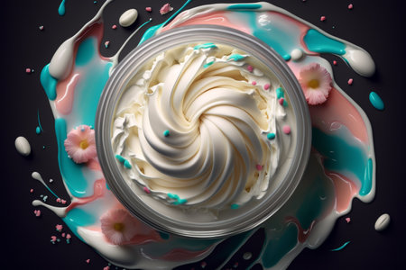 open jar white cosmetic cream and flower petal top view beauty skin care. Generative AI.の素材