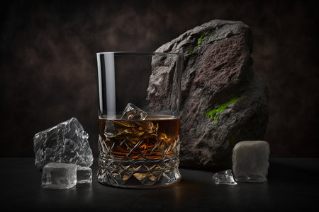 brown whiskey with ice on a dark background with a decorative stone Generative AI.の素材