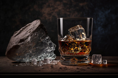 brown whiskey with ice on a dark background with a decorative stone Generative AI.の素材
