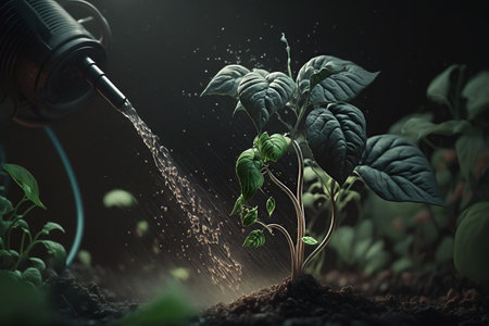 watering hose nourishes plants with a water stream. Generative AI.の素材
