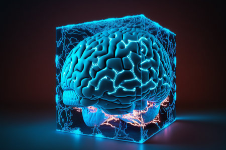 blue illuminated neon brain mind illustration. Generative AI.の素材
