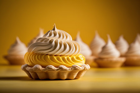 fruit lemon meringue on yellow background illustration. Generative AI.の素材