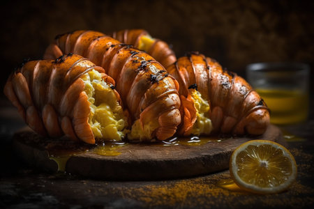 lobster tails with dripping melted butter. Generative AI.の素材