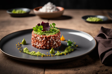 raw tartare meat on plate illustration. Generative AI.の素材