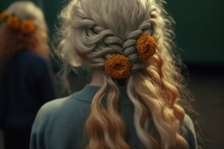 flowers in the hair of a beautiful girl. Generative AI.の素材