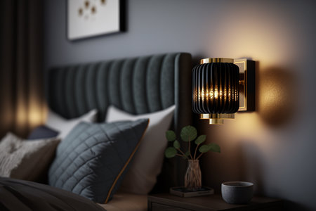 sconce lamp night light in the bedroom illustration. Generative AI.の素材