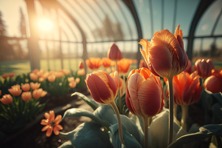 Spring tulips in morning sunny greenhouse illustration. Generative AI.の素材
