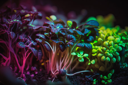 microgreens plant under phyto led light macro. Generative AI.の素材