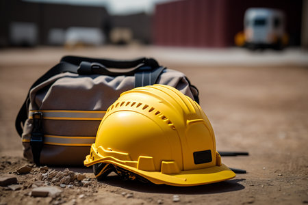 construction site suitcase with tools and yellow construction helmet. Generative AI.の素材