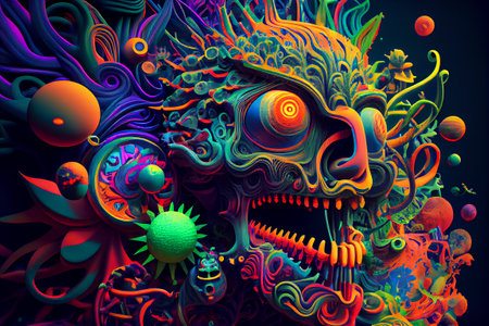 psychedelic colorful lsd trip skull with hippy patterns and coral relief illustration. Generative AI.の素材