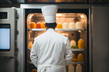 the chef in the kitchen is looking for ingredients in the fridge illustration. Generative AI.の素材